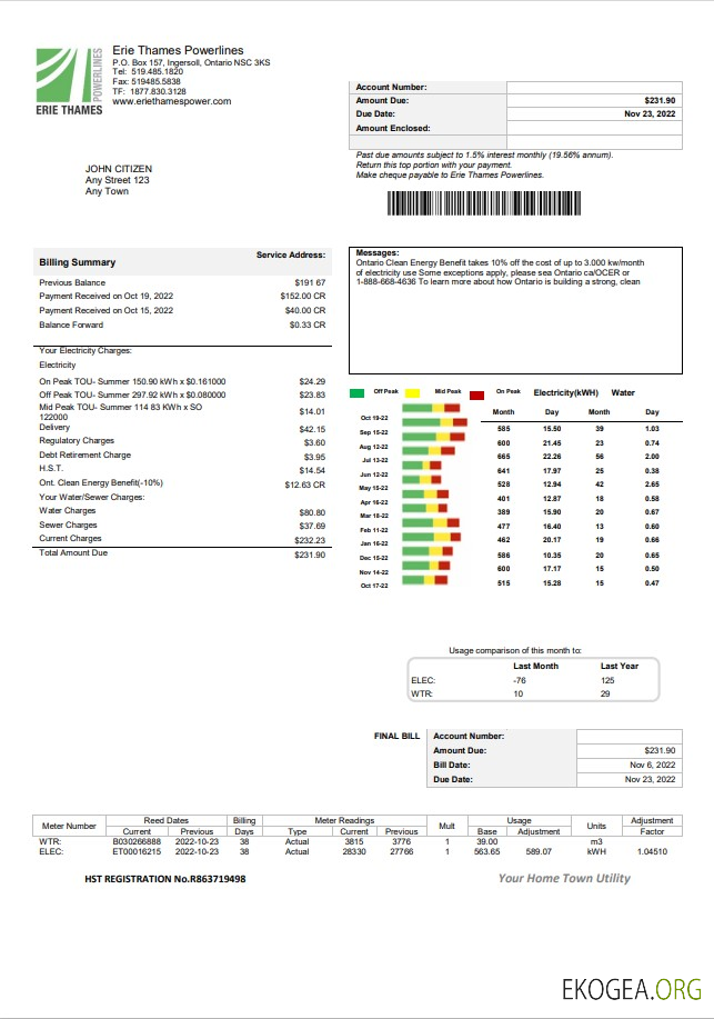 USA Ontario Erie Thames utility bill template in Word and PDF format